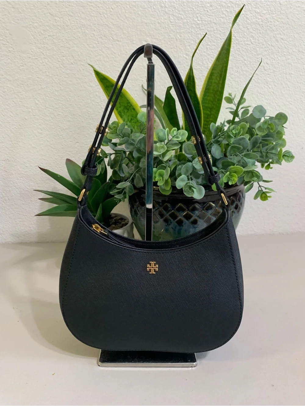 👜💕 Tory Burch Black Saffiano Crescent Shoulder Bag with Gold Logo